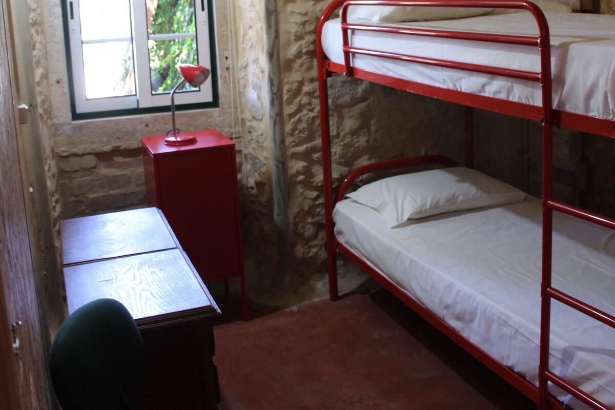 Een studentenkamer met stapelbedden, een bureau, een stoel en een raam met uitzicht op groen.