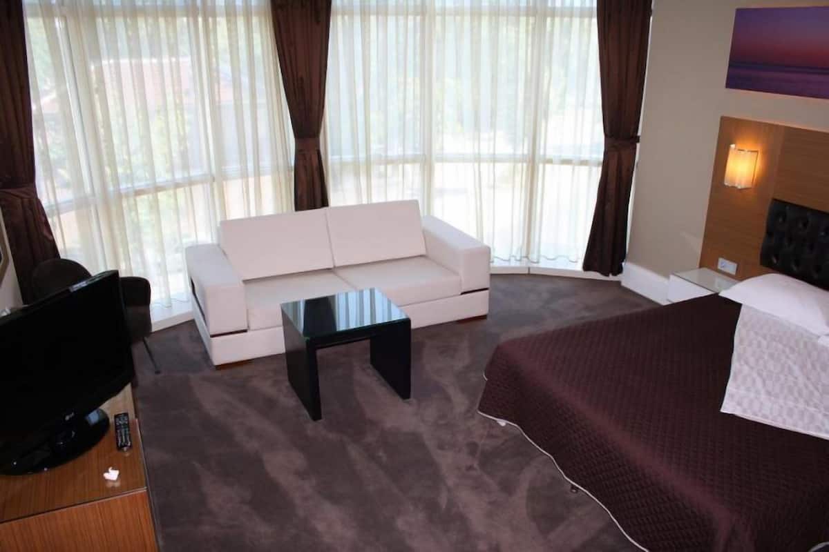 A hotel room with a bed, a sofa, a small table, a TV, and a window with curtains.