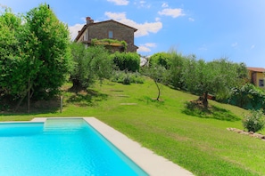 Seasonal outdoor pool, pool umbrellas, pool loungers