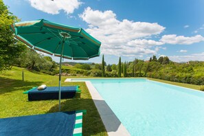 Seasonal outdoor pool, pool umbrellas, pool loungers