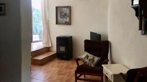 Un salon avec une cheminée, un téléviseur et une fenêtre avec des rideaux.