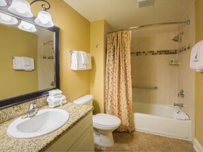 Hair dryer, towels, soap, shampoo