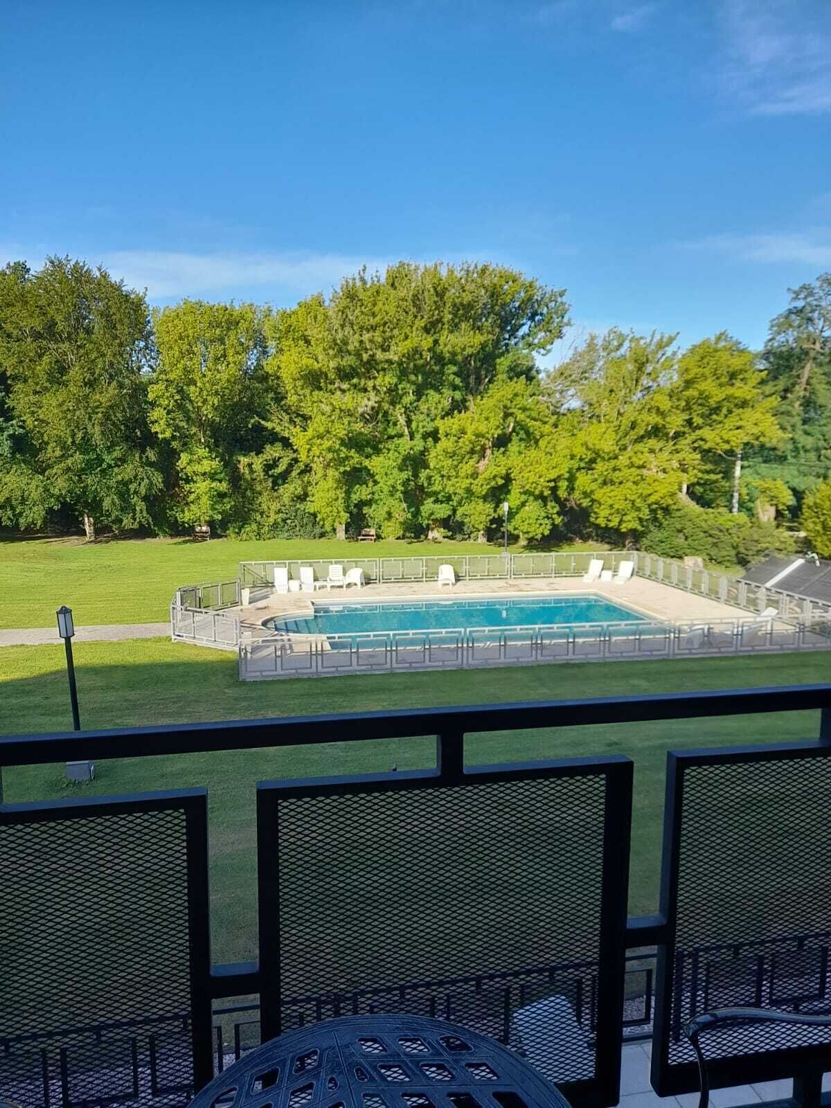 Área de piscina com plataforma de mergulho, cercada por árvores e gramado.