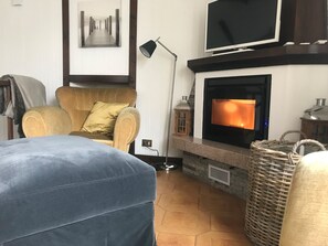 Smart TV, fireplace, books