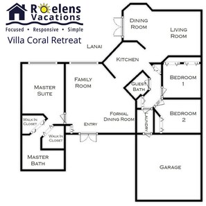 Plan d’étage de la Villa Coral Retreat, comprenant une suite parentale, une salle familiale, une salle à manger, un salon, une salle de bain pour les invités, deux chambres, une buanderie, un garage et une véranda.