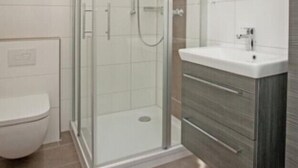 A modern bathroom with a glass-enclosed shower, a white toilet, and a vanity with a mirror. - Wohnung Bucki (Borkum)