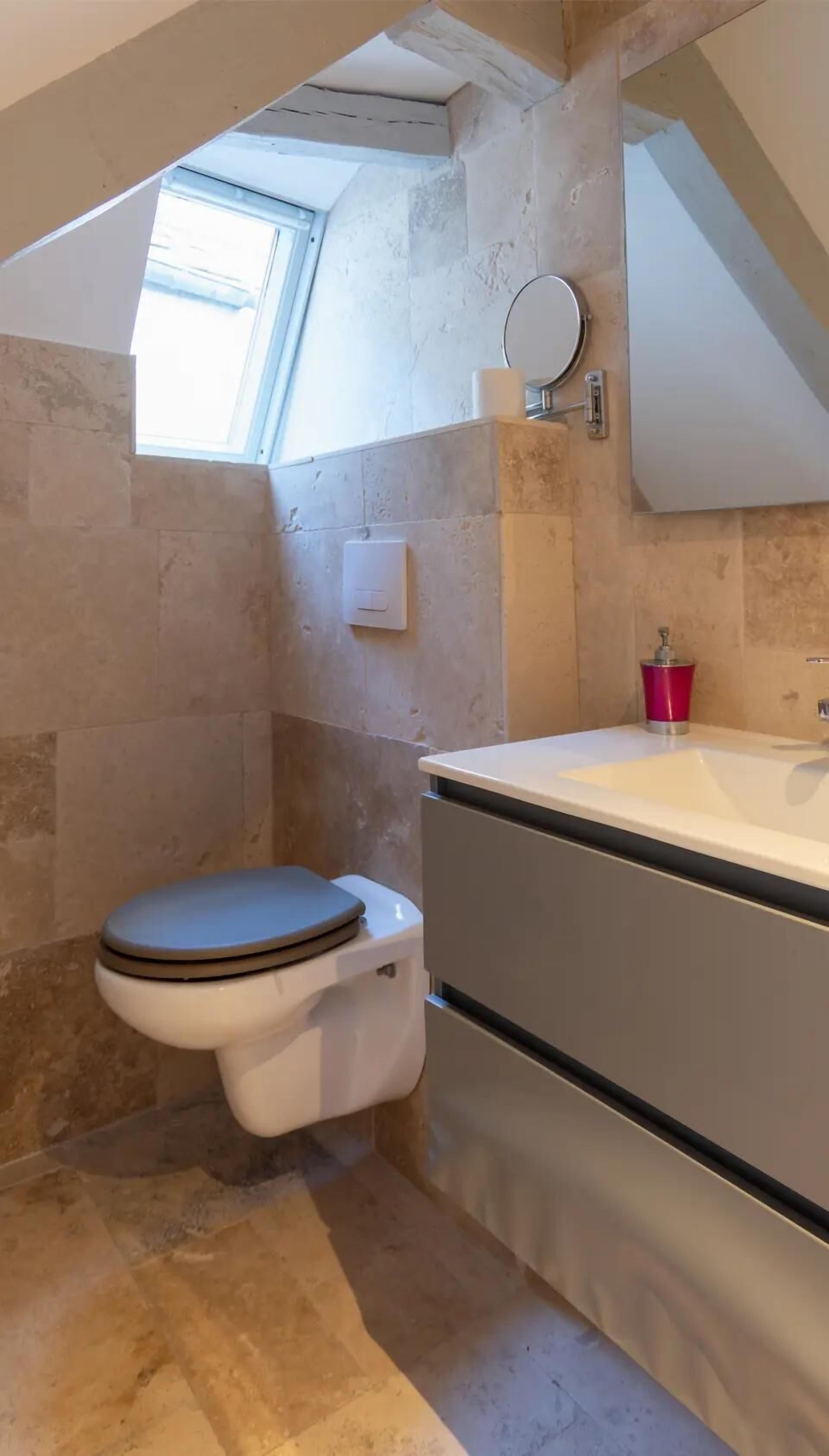 A bathroom with a toilet, a sink, and a mirror.