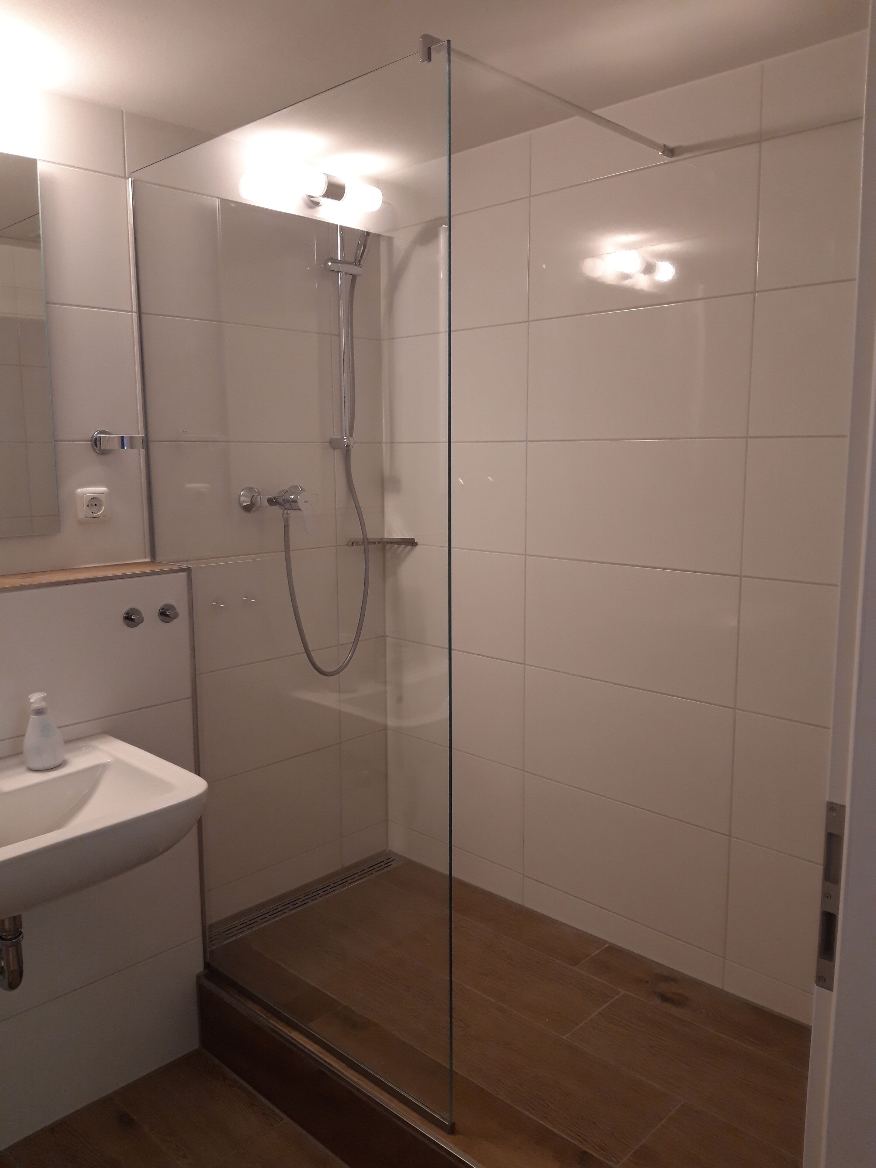 A glass-enclosed shower with a handheld showerhead, a wall-mounted faucet, and a small shelf. A white sink with a soap dispenser is visible to the left.
