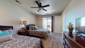 4 bedrooms, desk, iron/ironing board, travel crib