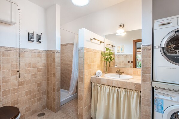 A bathroom with a shower, a sink, and a self-cleaning washing machine. - House in farm, with pool, barbecue, wifi and Netflix (La Orotava)