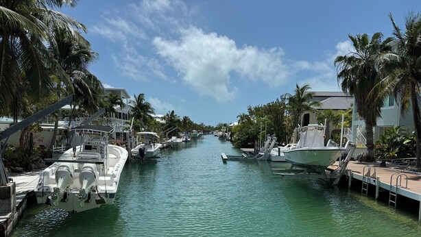 A marina with boats docked along a waterway, surrounded by palm trees and buildings. - FLORIDA KEYS PARADISE! DEEP WATER CANAL WITH FAST OCEAN ACCESS. (Summerland Key)