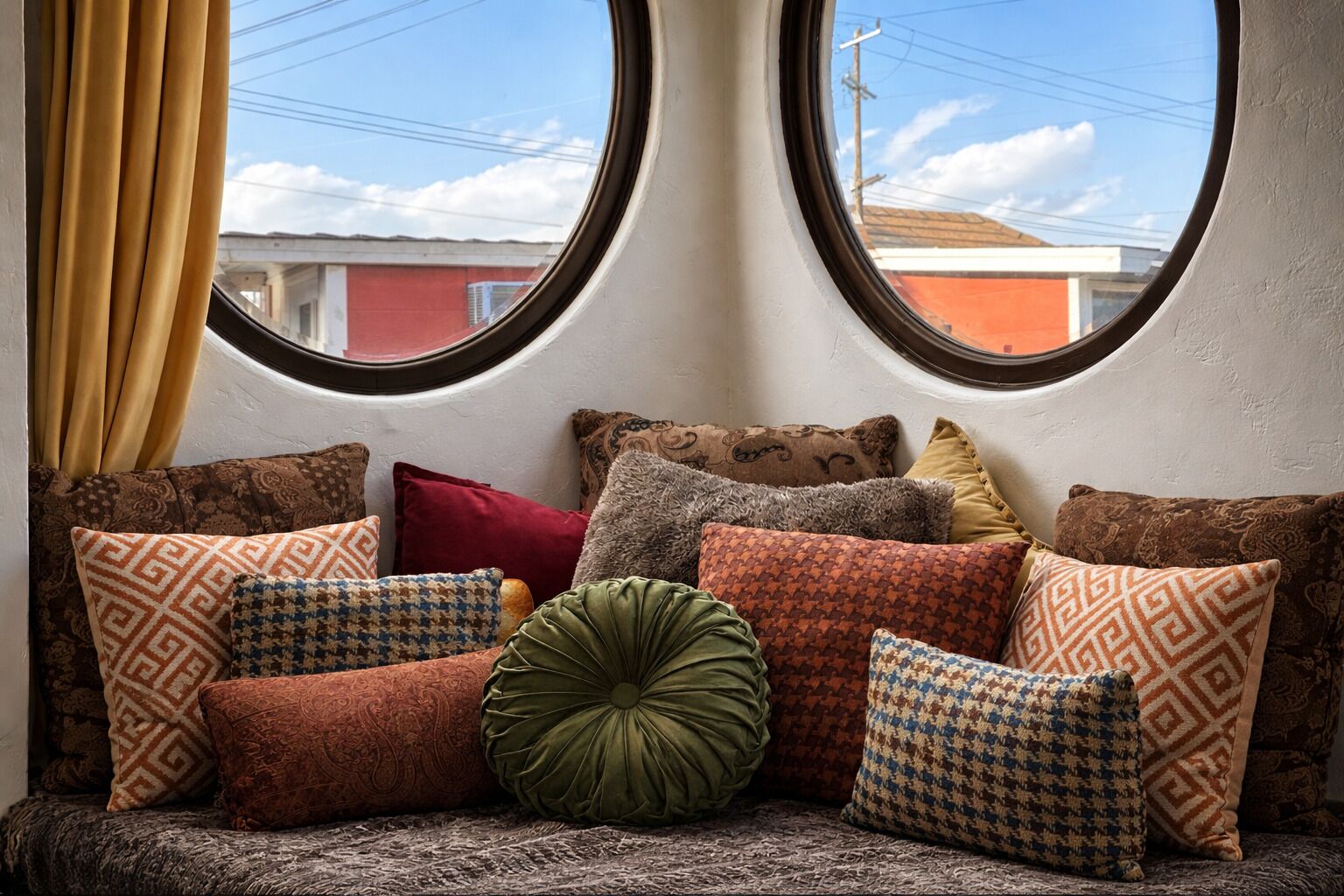 A window seat with multiple cushions and a view of buildings through two round windows.