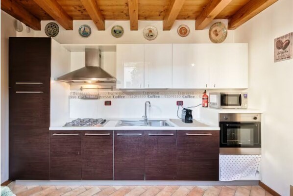 Une cuisine moderne avec des meubles de rangement en bois foncé, un évier en acier inoxydable, un four à micro-ondes et un four traditionnel.