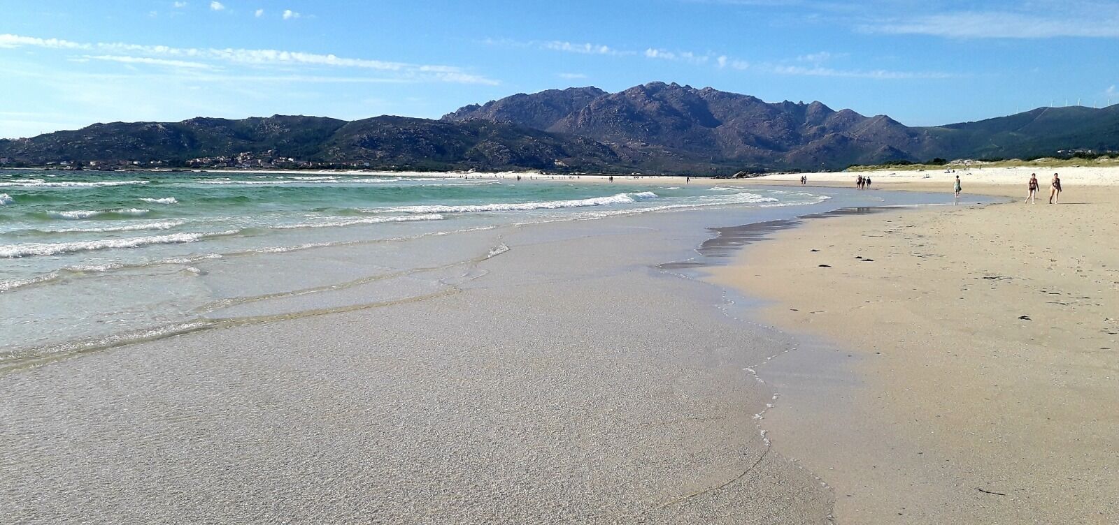 A beach with a mountain backdrop, sandy shore, and a few people walking.