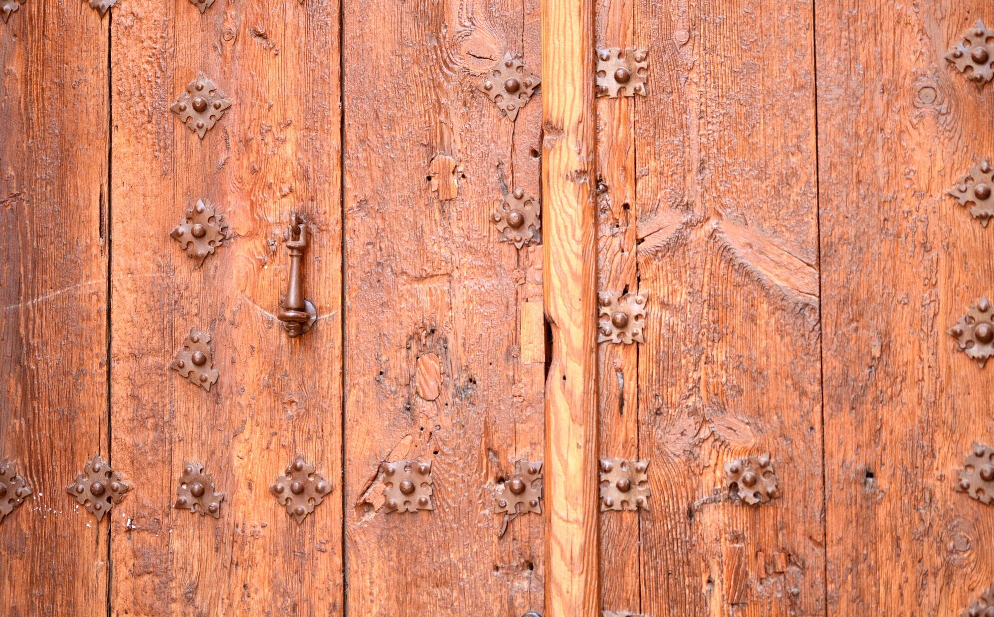 Una puerta de madera con cerrojos metálicos y un tirador central.