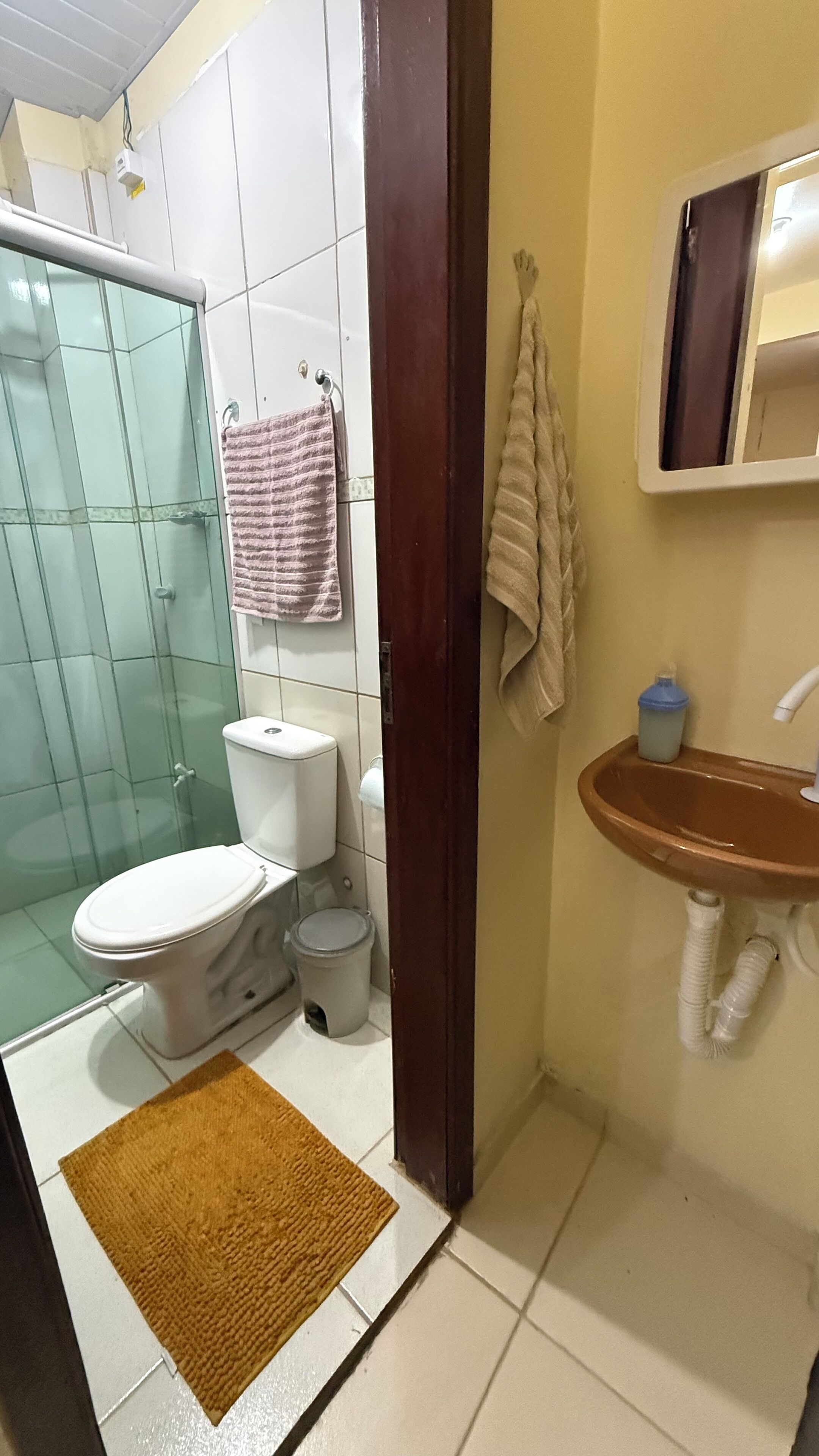 Une salle de bain avec une douche à parois de verre, des toilettes, un lavabo et un miroir.