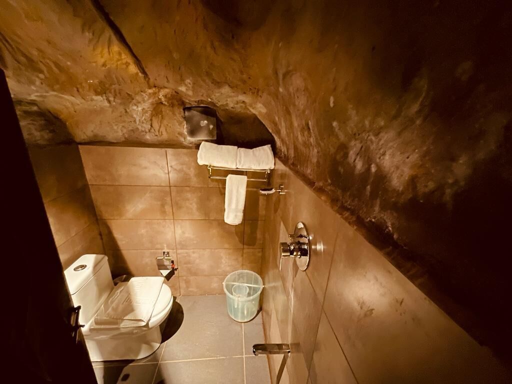 A bathroom with a toilet, sink, and shower area.