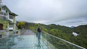 A glass bridge with a person standing on it, overlooking a lush valley with a river and hills. - Foggy Knolls Resort (Meenachil)