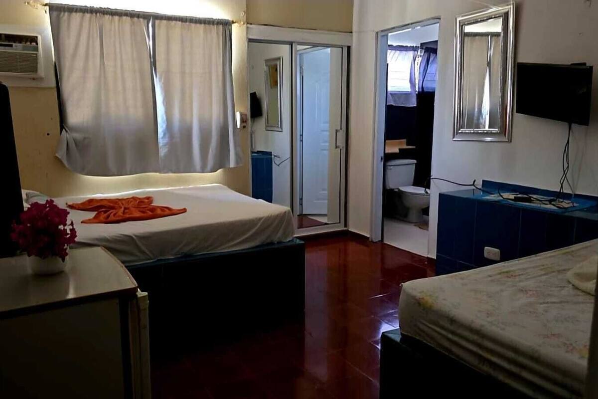 A compact hotel room with a single bed, a small desk, a chair, a wardrobe, and a bathroom visible through an open door.