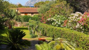 Una villa de estilo mediterráneo con techo de tejas, rodeada de exuberante vegetación y plantas en flor.