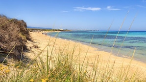 A beach with clear turquoise water, sandy shore, and sparse vegetation. - Masseria Sottomasi (Fasano)
