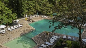 En swimmingpool med liggestole og en lille terrassemiddelstykke omgivet af træer.