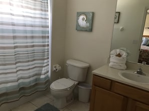 A bathroom with a toilet, a sink, a mirror, a striped shower curtain, and a framed fossil on the wall.