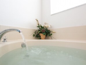 A bathtub with running water, a potted plant, and a wall-mounted light fixture. - 3 Bed 156 (Davenport)
