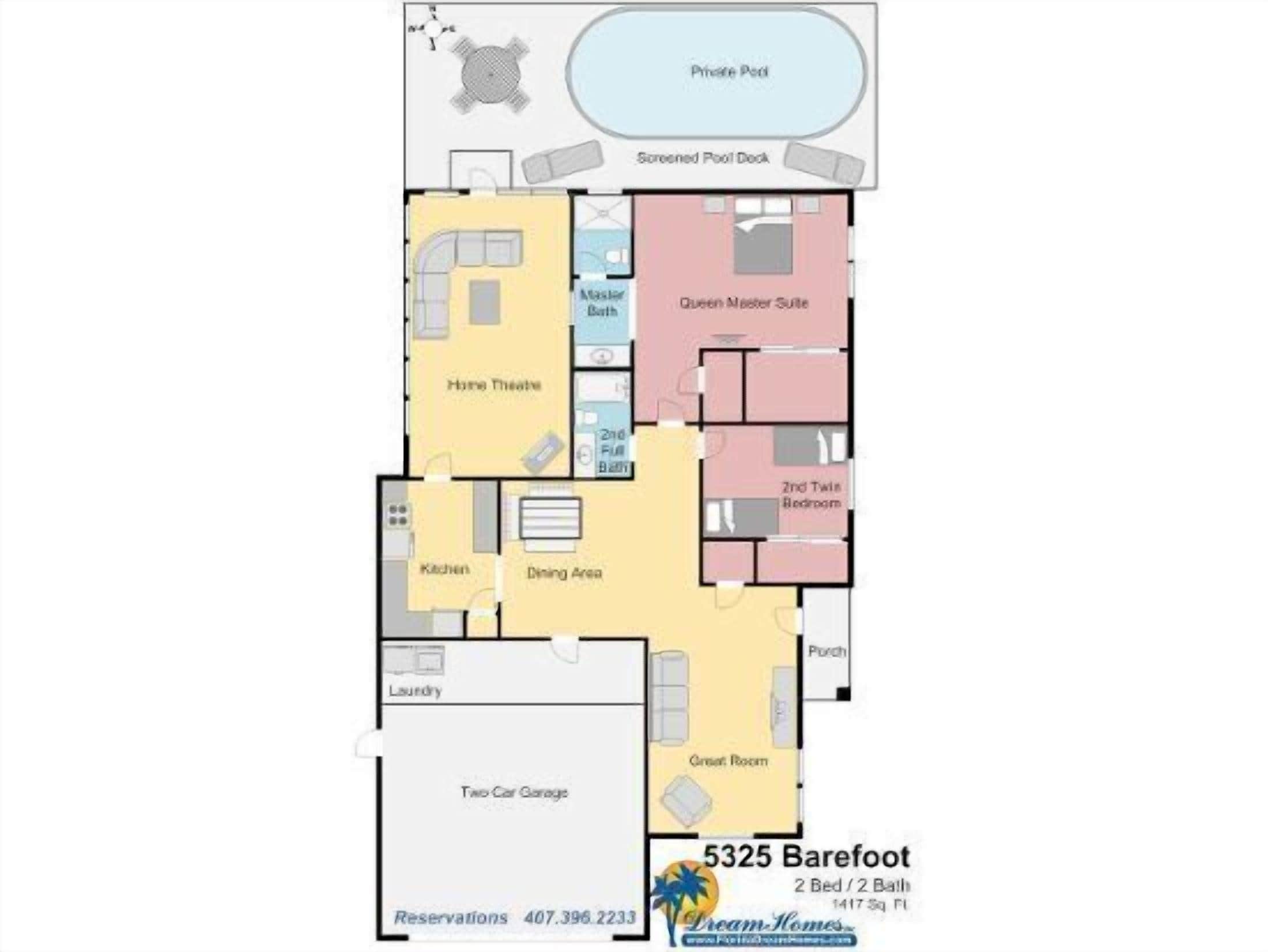 A hotel layout with a private pool, screened pool dock, home theater, kitchen, dining area, laundry, two-car garage, and a great room.