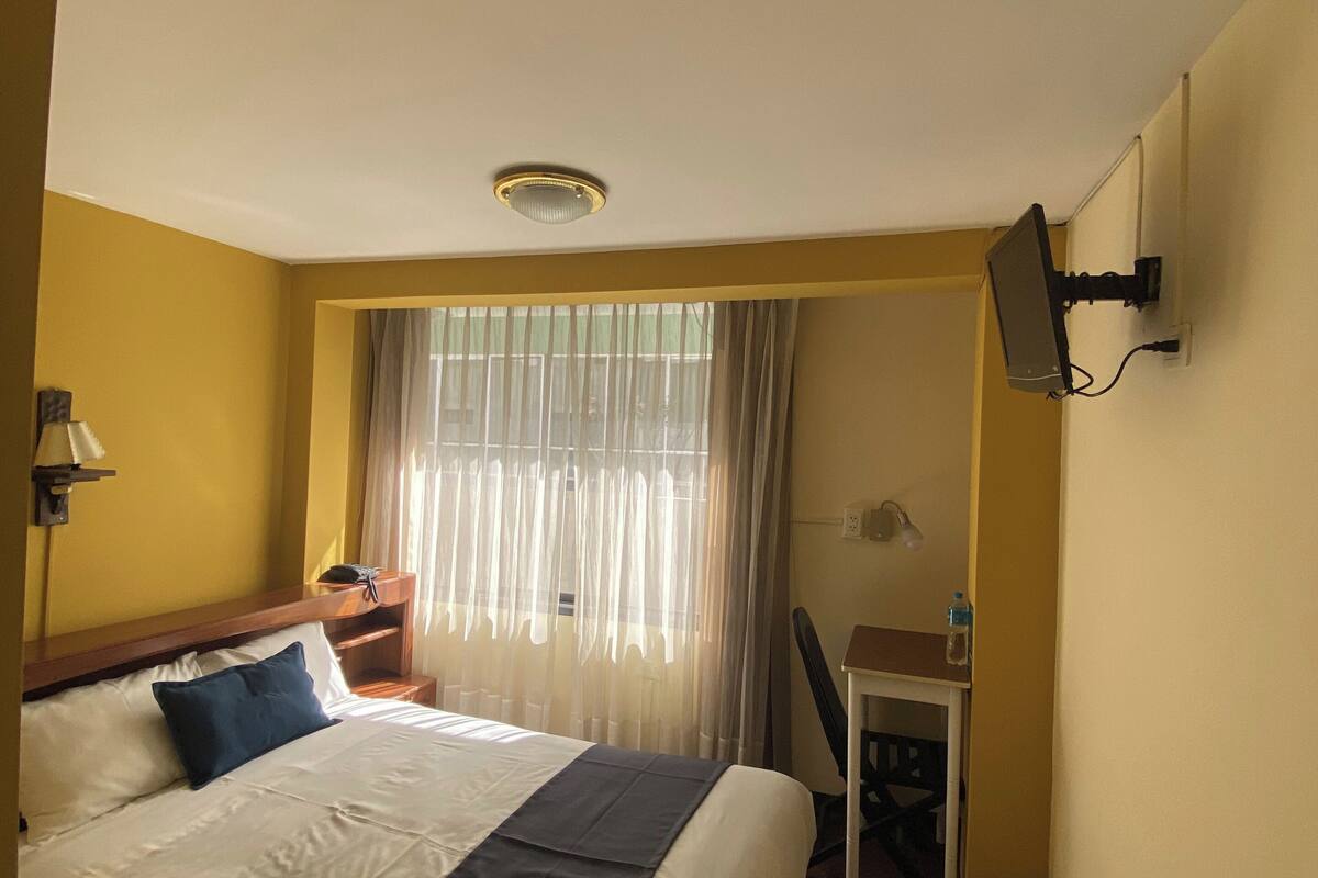 Une chambre d’hôtel équipée d’un lit, d’un bureau, d’une chaise, d’une télévision et d’une fenêtre avec des rideaux.