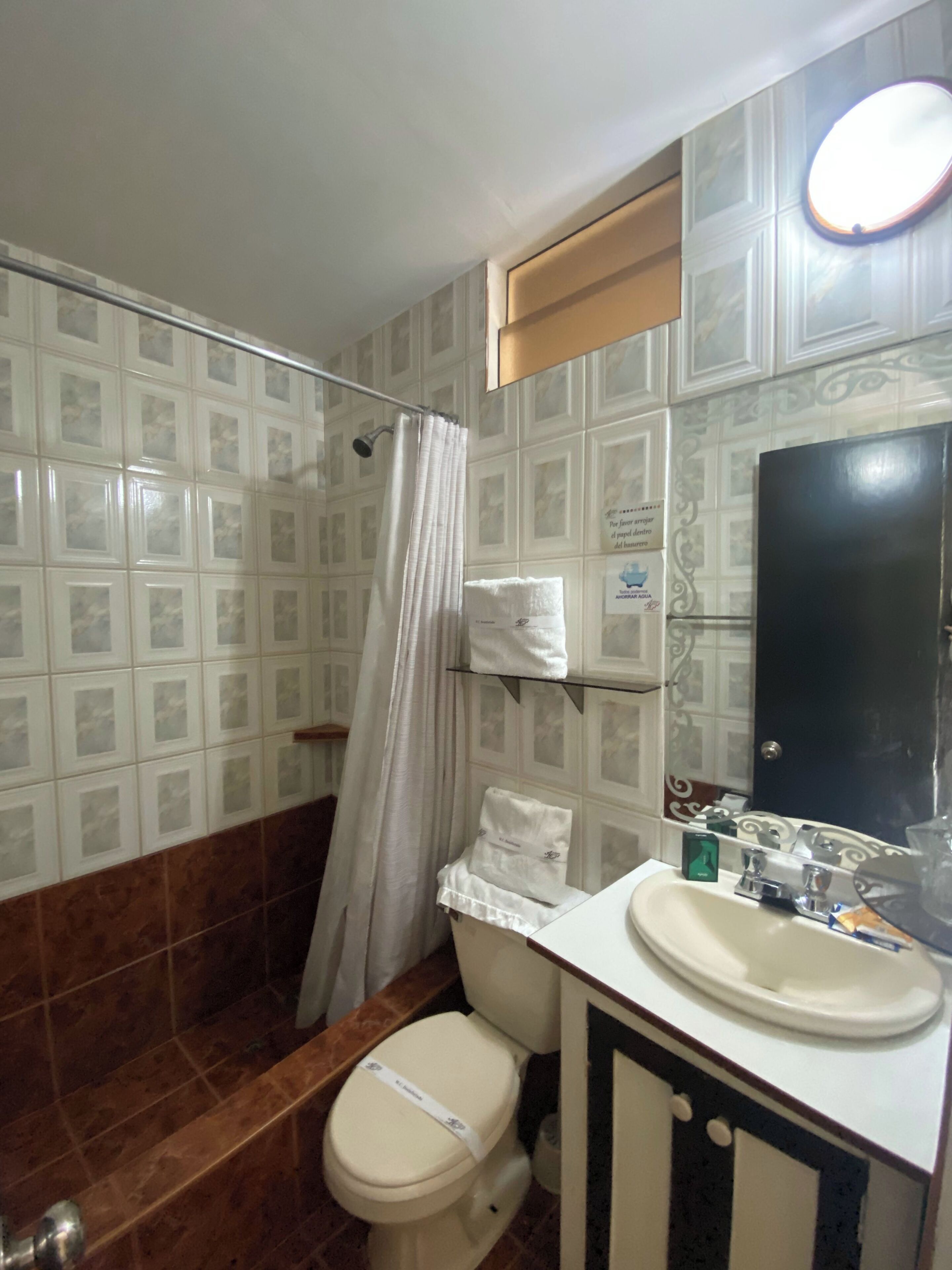 Baño con ducha, inodoro, lavabo y espejo.