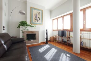 TV, fireplace, DVD player, books