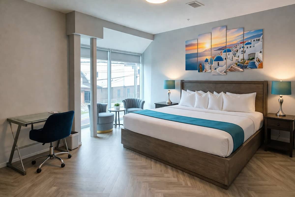 Luxury Suite - Bedroom w/ King Bed and 65'' TV and Livingroom with Sofa Queen Bed and another 65' TV | Egyptian cotton sheets, premium bedding, down comforters, pillowtop beds