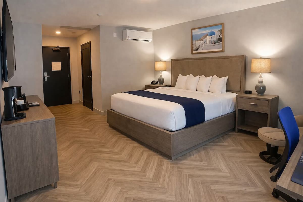 Luxurious Super Premium King Room w/ 65'' TV - Complimentary Drinks. - Non-smoking. | Egyptian cotton sheets, premium bedding, down duvets, pillow-top beds