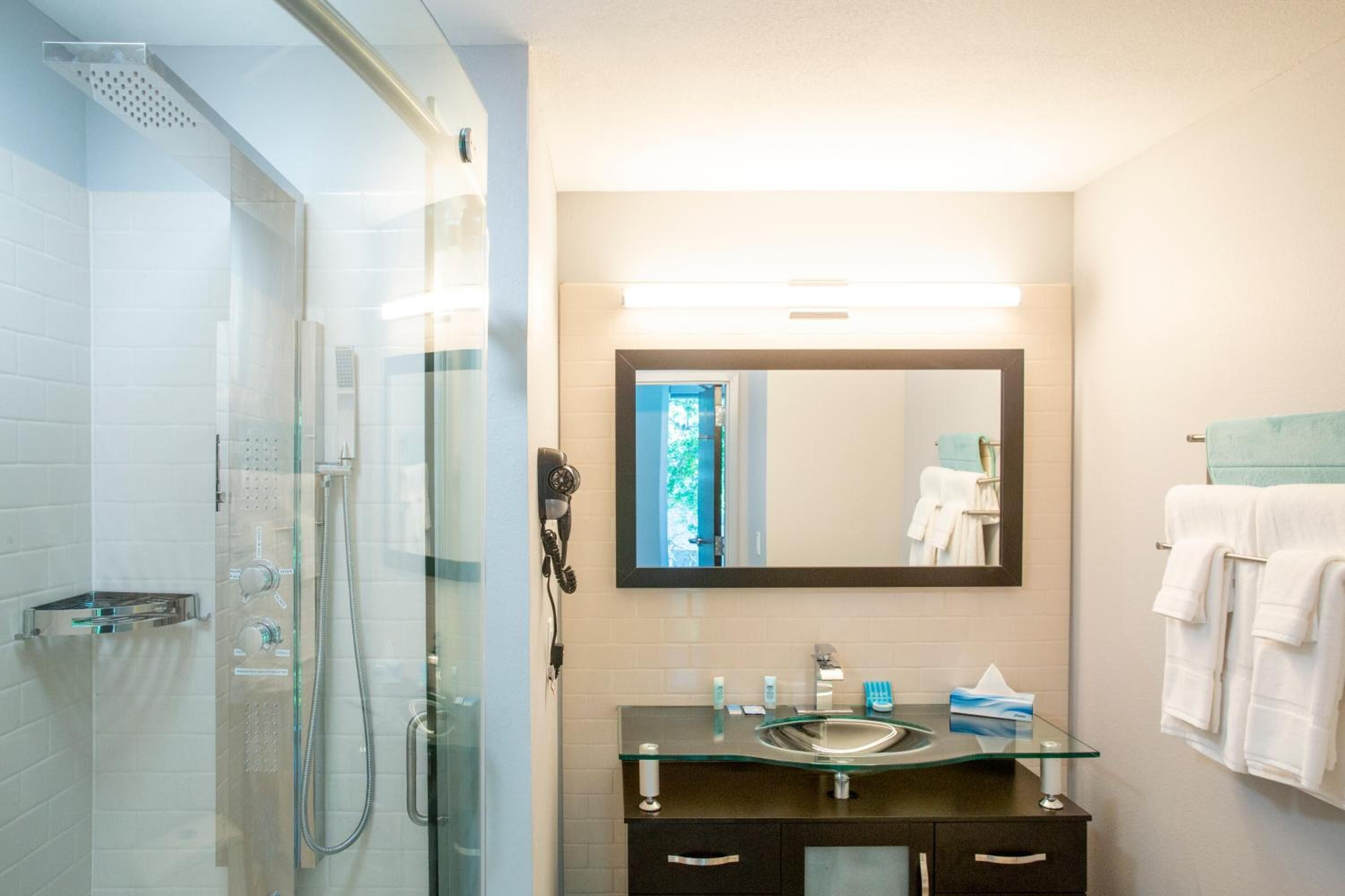 shower, hydromassage showerhead, designer toiletries, hair dryer