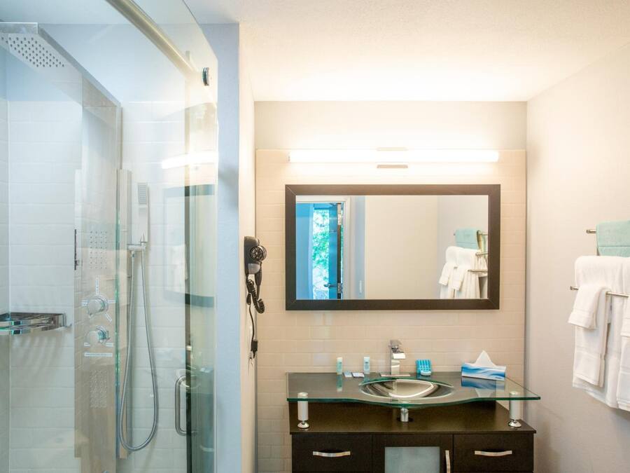 Une salle de bain moderne avec une douche à parois de verre, un lavabo en verre et un grand miroir.