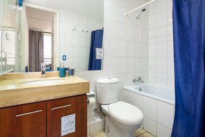 Hair dryer, towels, soap, shampoo