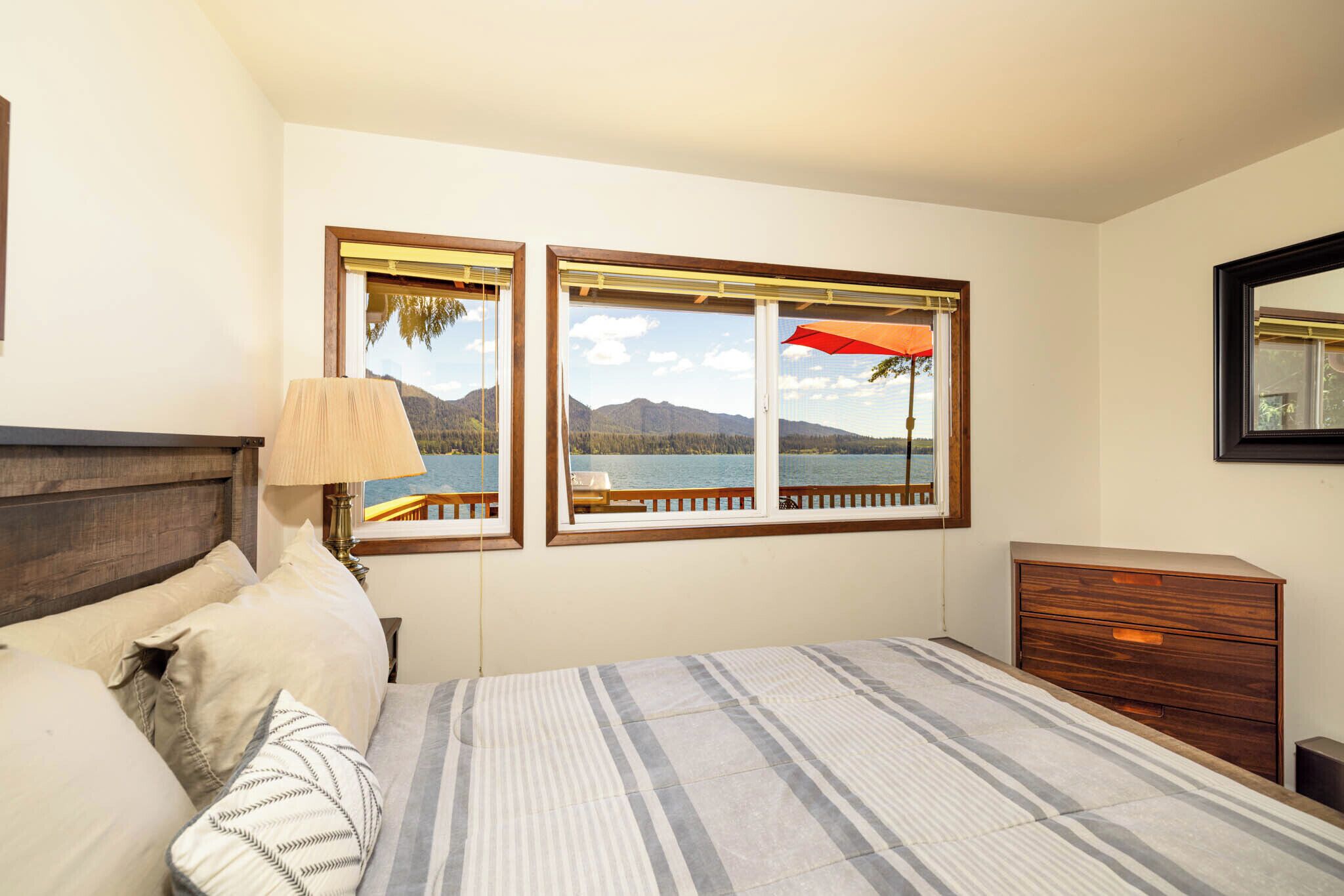A bedroom with a bed, a dresser, and two windows with a view of a lake and mountains.