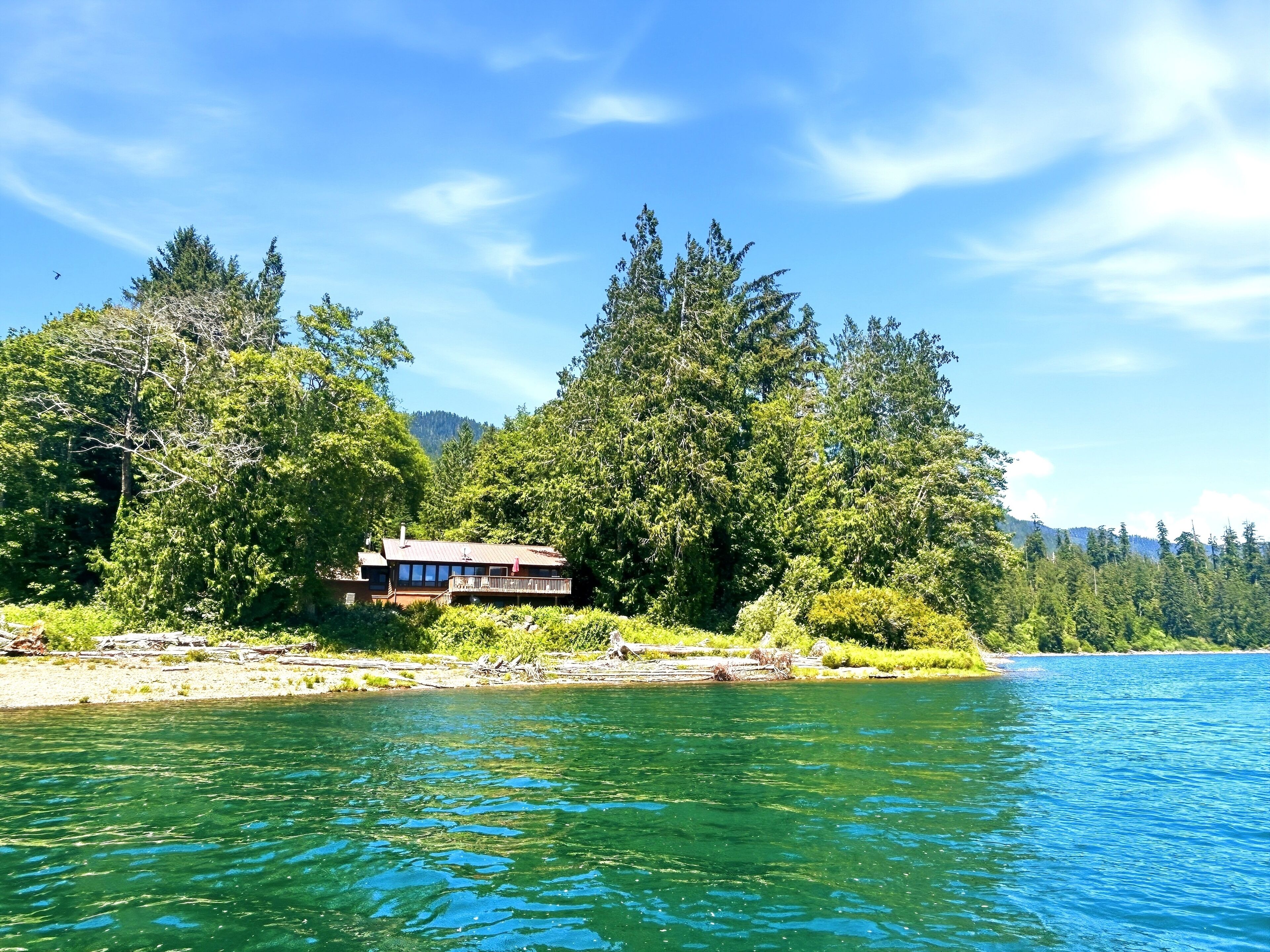 A cabin by a lake surrounded by dense forest.