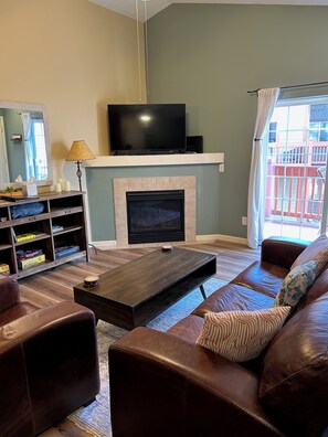 Smart TV, fireplace, books