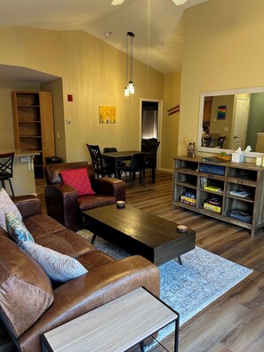 Smart TV, fireplace, books