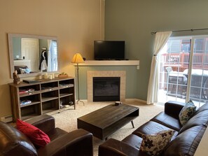 Smart TV, fireplace, books