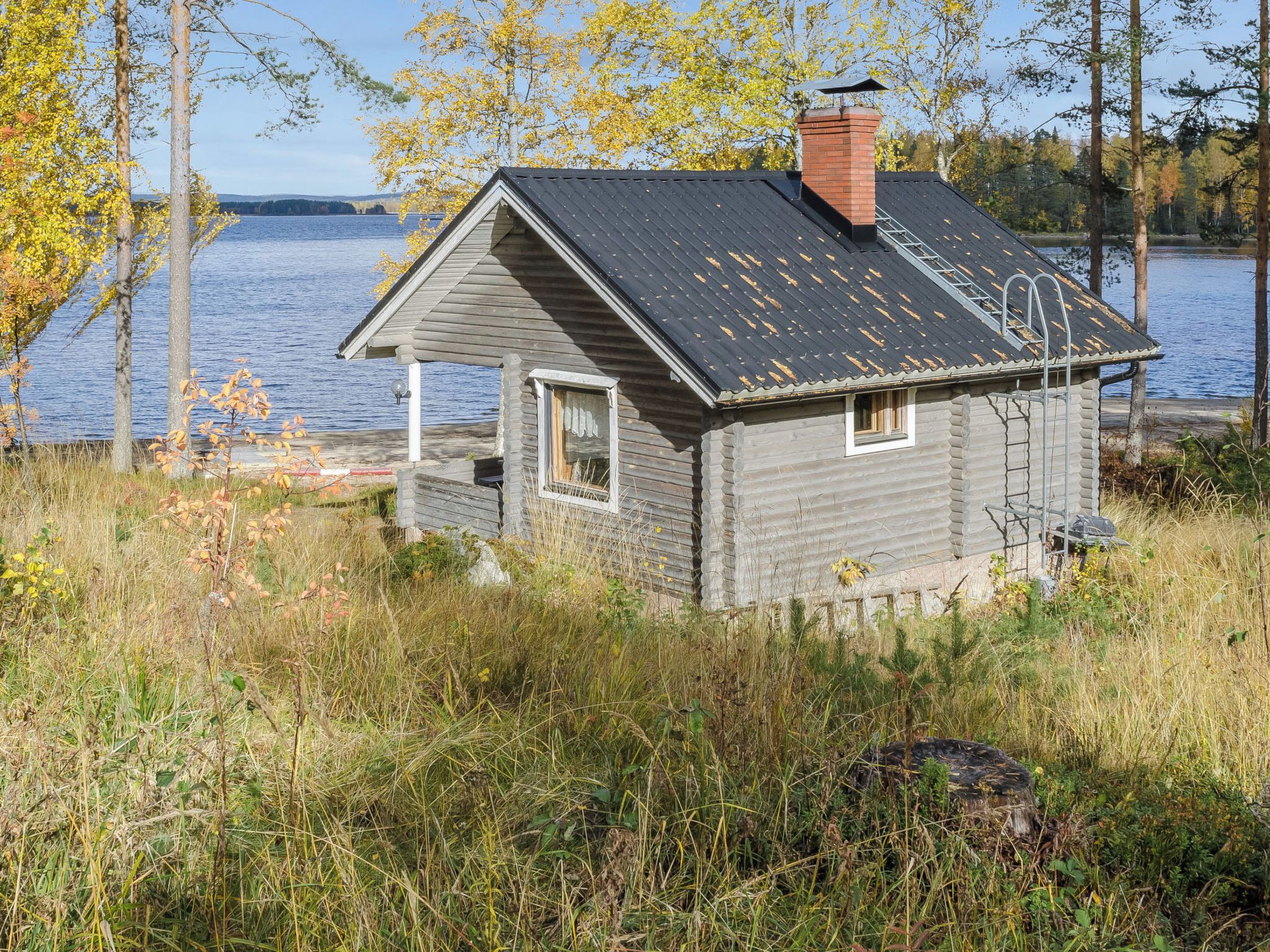 Pieni mökki, jossa on kalteva katto, savupiippu ja ikkuna, sijaitsee vesistön rannalla, ja taustalla näkyy puita.
