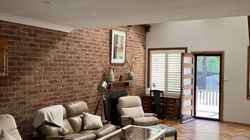 Smart TV, fireplace, DVD player, books