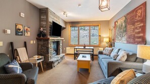 Smart TV, fireplace, video library