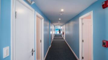 A hotel corridor with blue walls, white doors, and a carpeted floor.