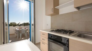 Una cocina moderna con estufa a gas, horno y un amplio ventanal con vistas a un patio.