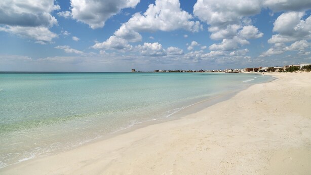 A beach with clear turquoise water and a sandy shore.
