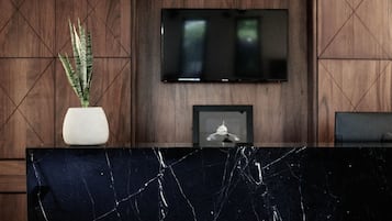 Zona de recepción con mostrador de mármol, planta en maceta, un cuadro enmarcado y un televisor de pantalla plana montado en la pared.