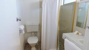 Un baño pequeño con inodoro, ducha y lavamanos.